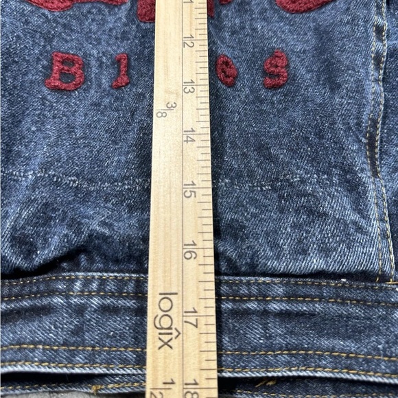 LA Blues Blue Denim Jacket Womens Sz Medium M Cropped Short - Spell Out On Back - Picture 15 of 15